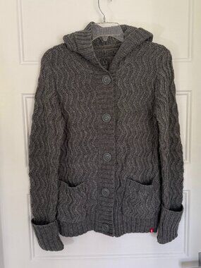 EDC by Esprit - Grey Chunky Cable-Knit Hooded Cardigan Sweater - Size L